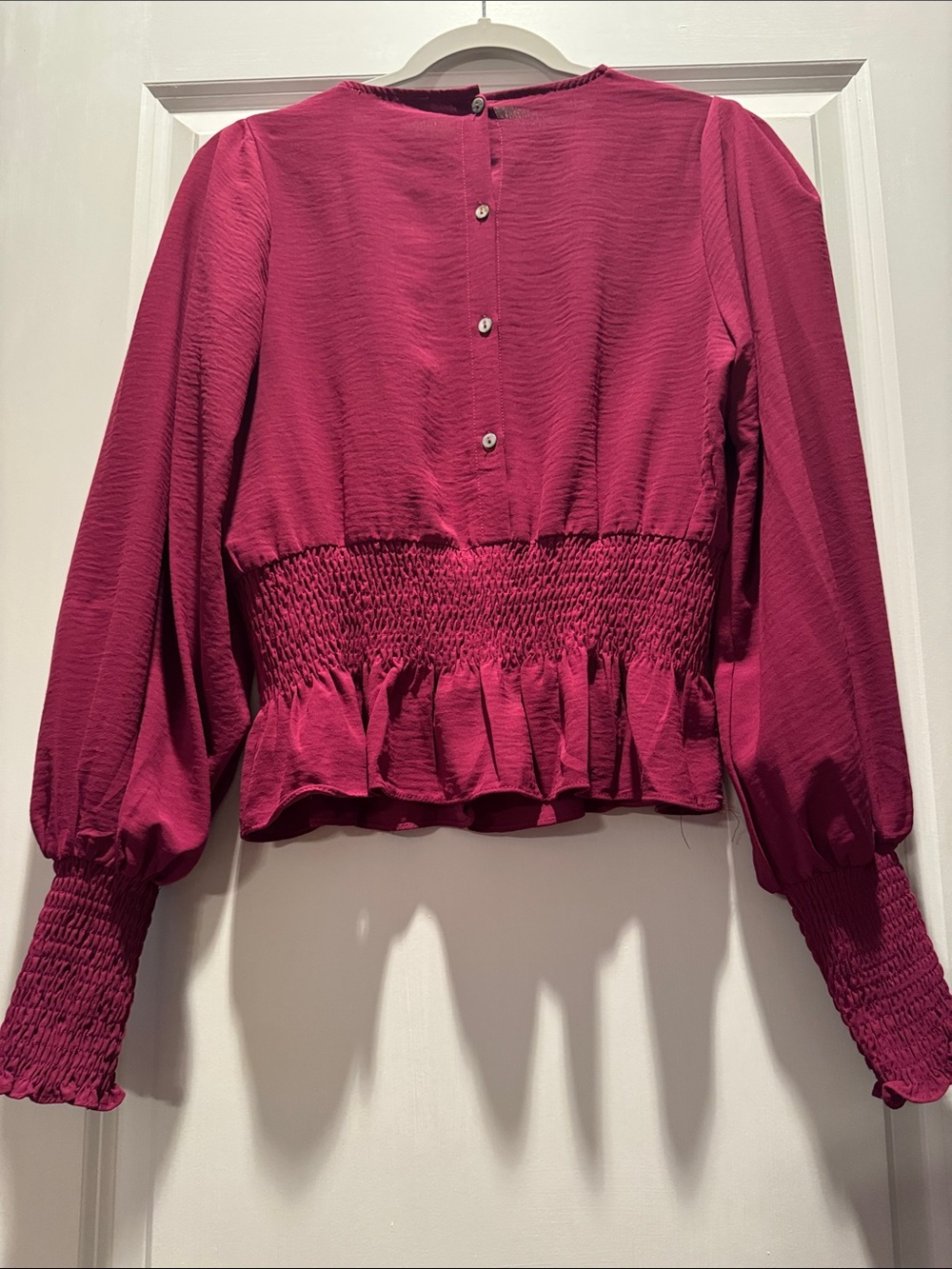 She + Sky Magenta Smocked Waist Long-Sleeve Blouse - Picture 3 of 3